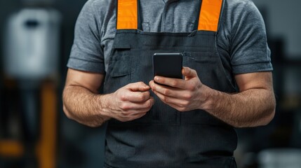 Auto mechanic using mobile phone in workshop industrial setting