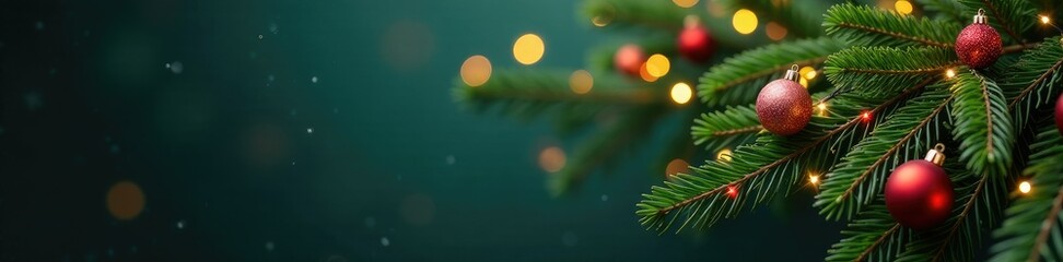 Decorated evergreen branch with ornaments and lights on a Christmas background, festive, seasonal elements