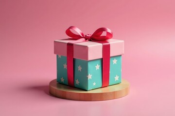 Obraz premium Decorated gift box with ribbon tied around a small wooden base, gift, present, wrapped