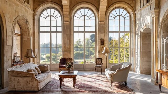 Elegant living room interior design in historic castle with large windows showing green fields