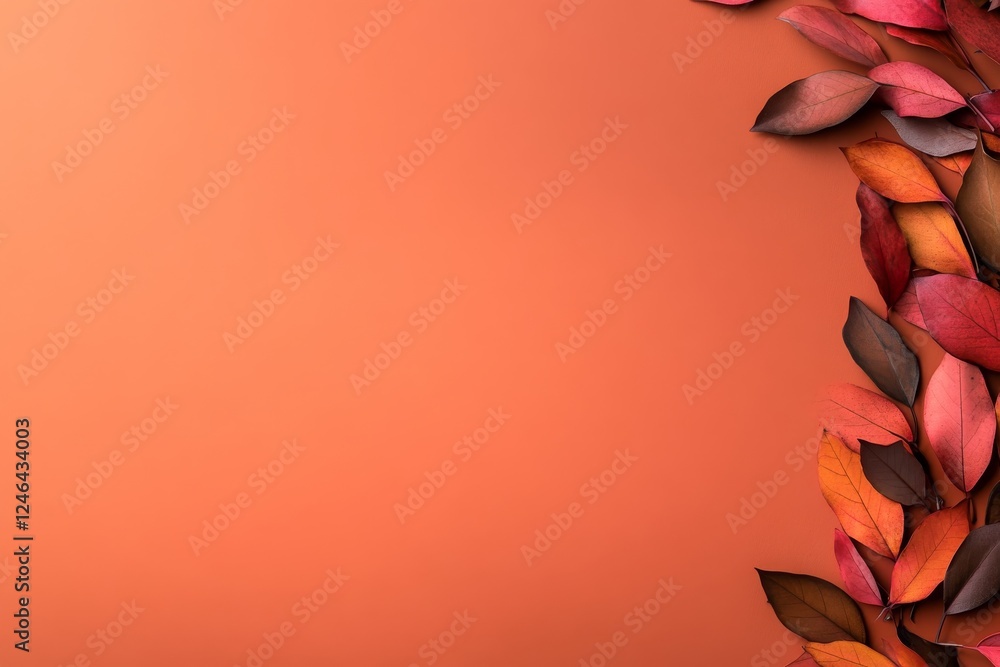 Aufkleber top-down view of scattered autumn leaves in rich colors on a warm orange background, featuring ample