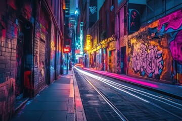 Night city alley, graffiti art, light trails, urban scene, website banner