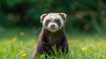 A curious ferret stands in a vibrant green field surrounded by wildflowers in sunlight