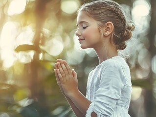 Obraz premium First Holy Communion: Young Girl in White Dress with Floral Crown Praying. Holy Communion Card