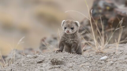 A curious young mammal stands on a rocky outcrop, surrounded by dry grass and distant hills
