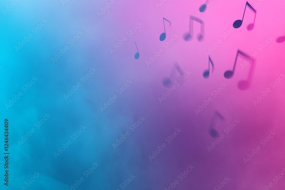 Poster Vibrant abstract design showcases colorful music notes and clefs cascading over a glowing teal and magenta gradient background, offering ample copy space