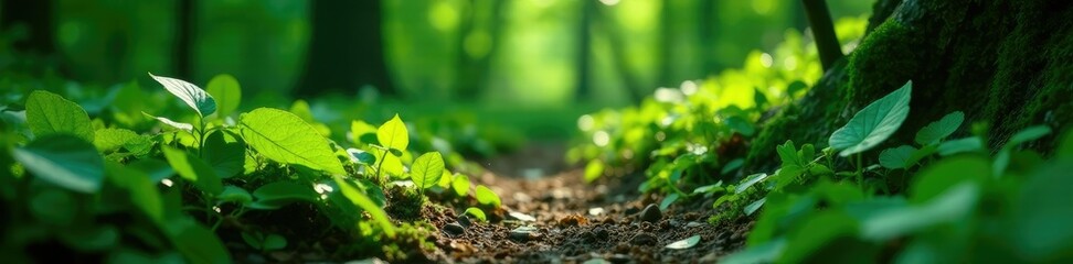 Obraz premium Deep green leafy greens scattered on the forest floor, foliage, green, nature