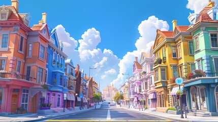 A cartoon style illustration of a street lined with colorful buildings.