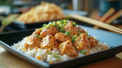 Close-up of General Tso's chicken on a black plate, with chopsticks and other Asian dishes in the background