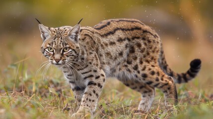 Wild lynx prowling through tall grass in a natural habitat with soft bokeh background