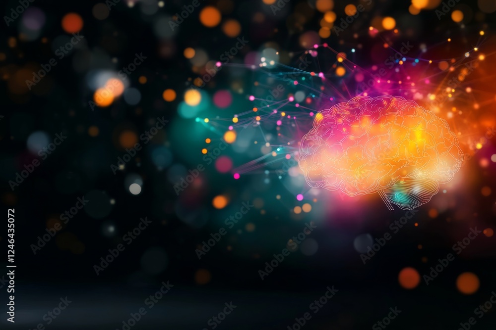 Poster Colorful brain represented as a puzzle with interconnected pieces and glowing lines, highlighting themes of unity and neurodiversity against a dark background