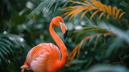 Fototapeta premium Vibrant flamingo perched among lush tropical foliage, showcasing vivid colors and serene atmosphere