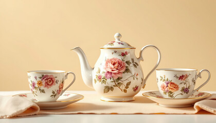 Floral Teapot and Cups Tea Set on Table