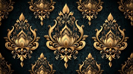 Golden Ornate Damask Patterns on Dark Backdrop Classic Elegant Design for Decorative Backgrounds.