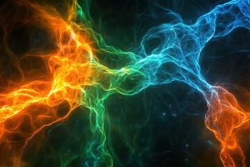 Neural network pathways visualized as a glowing data stream in shades of electric green, fiery orange, and sapphire blue