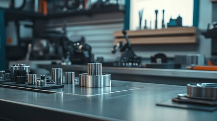 Obraz premium Precision machined aluminum and zinc components showcase industrial workshop manufacturing environment gigapixel quality