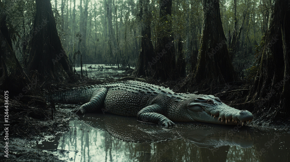 Poster large crocodile resting on the edge of a muddy swamp surrounded by trees in dim light