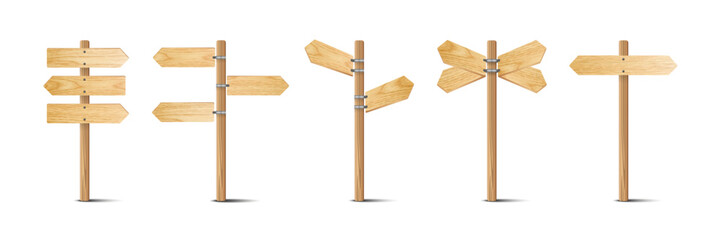 Realistic 3D Wooden Signboards Vector Set: Plywood Road Pointers and Blank Arrows with Wood Texture. Vector.