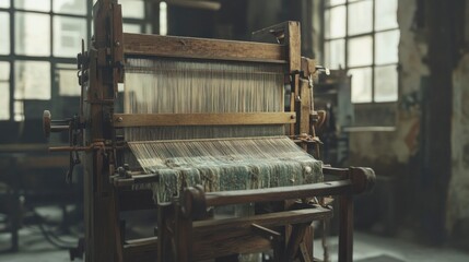 Artisan weaving process with rustic wooden loom textile workshop high-quality imagery workshop environment close-up view craftsmanship concept