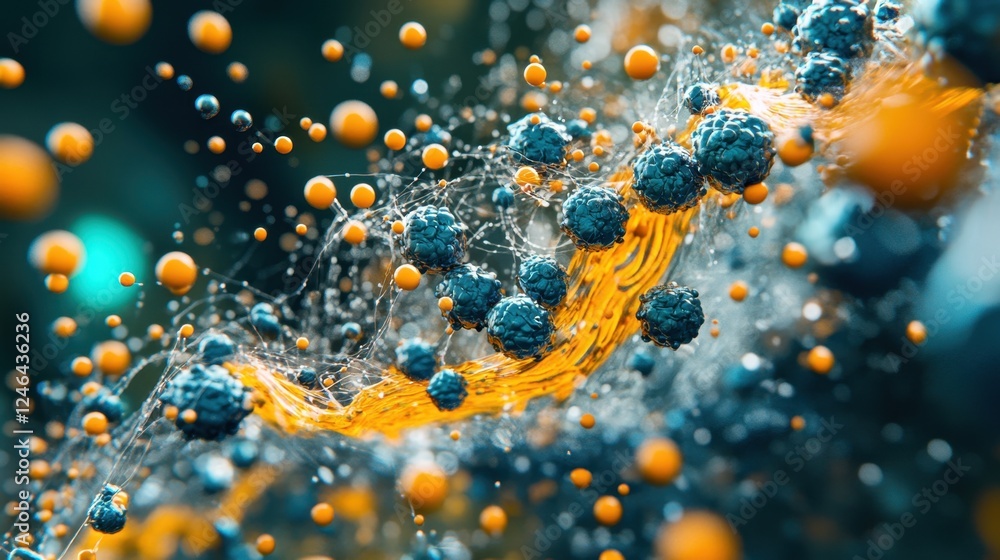 Poster a futuristic visualization of nanomaterials with quantum energy waves flowing across a techy backdro