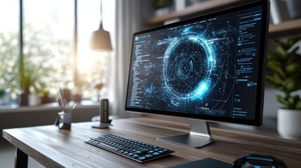 Fototapeta premium Futuristic Computer Screen with Data Visualization in Modern Office
