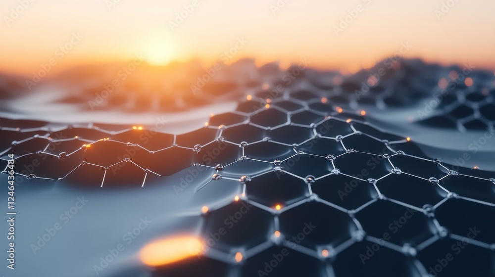 Poster a futuristic visualization of nanomaterials with quantum energy waves flowing across a techy backdro