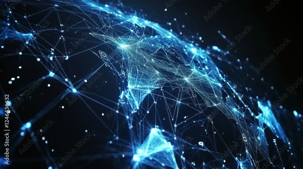 Poster a global cybersecurity network with interconnected glowing locks on a futuristic background.