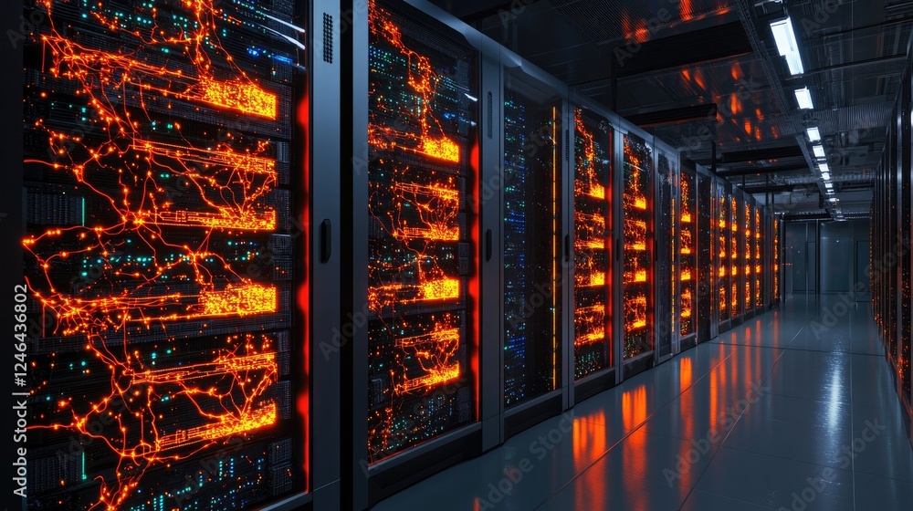 Poster futuristic ai supercomputer with glowing circuits and neural network patterns.