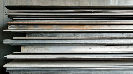 Obraz premium Industrial stacked sheets of aluminum and zinc in factory setting close-up view of material layers