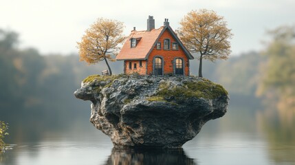 Miniature orange house on rock island in lake with trees