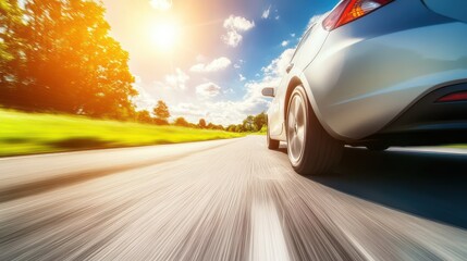 Dynamic Perspective of Car Driving on Open Road under Blue Sky