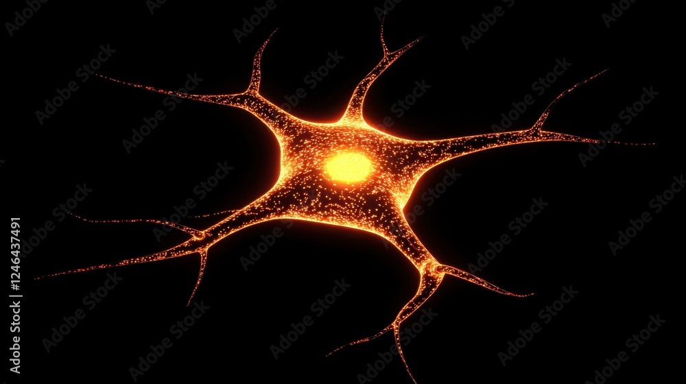 Poster a glowing neural cell concept representing biotech research in brain science.