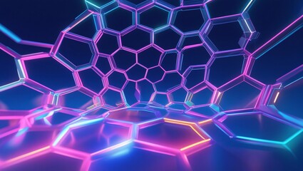 A 3D honeycomb like structure illuminated with neon style blue, pink, and purple lights, creating a futuristic visual.