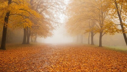 Fototapeta premium A misty autumn path winds its way through a forest, the golden leaves adding warmth and beauty to the scene. The light filters through the trees, casting an ethereal glow on the pathway ahead. 
