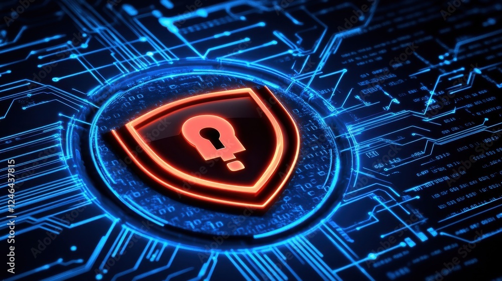 Poster a hacking attempt detected warning icon glowing in red on a digital blue cybersecurity interface.