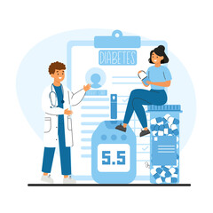 Doctor explaining diabetes monitoring using a glucose meter and pills with a patient holding medicine