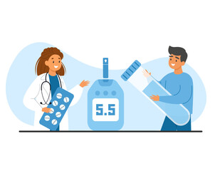Doctor providing diabetes care advice and a patient holding ampoule. Sugar level measurement