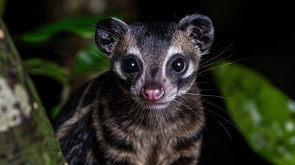 Fototapeta premium Close-up of a curious nocturnal animal in a lush green rainforest environment at night