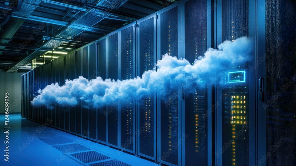 Poster a high-speed cloud computing processing unit emitting waves of digital energy.
