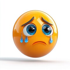 Sad Yellow Emoji with Tears and Large Blue Eyes on White Background