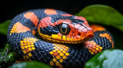 Fototapeta premium Red-Banded Snake Close-Up: A vibrant red-banded snake with striking black and orange scales curls up amidst lush green foliage, showcasing its intricate patterns and mesmerizing gaze.