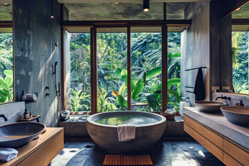 Luxurious modern bathroom with a large stone bathtub, concrete accents, and lush tropical garden views through floor-to-ceiling windows
