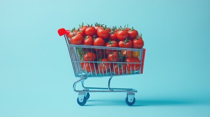 Miniature shopping cart overflowing with cherry tomatoes on a light blue background