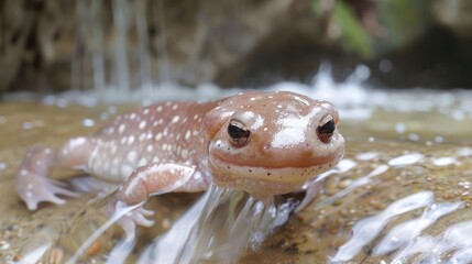 Obraz premium Close-up of a spotted amphibian resting on a rock by a flowing stream in a lush environment