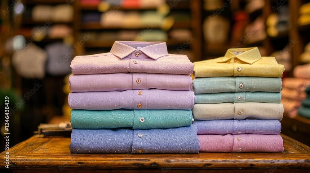 Poster A vibrant display of neatly stacked shirts in soft pastels creates an inviting atmosphere inside a bustling clothing store. Shoppers explore the array of styles and colors available