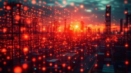 Fototapeta premium Red glowing particles over industrial sunset.