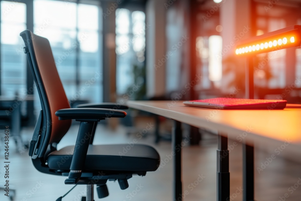 Poster empty ergonomic chair sits next to a wheelchair by a sleek desk, with soft natural light streaming t