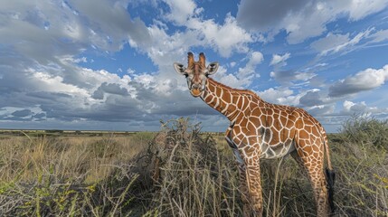 Obraz premium Majestic giraffe standing in a vast savanna under a dramatic sky, showcasing nature's beauty