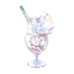 Elegant Hurricane Glass With Liquor, Topped With A Piece Of Coconut, Ice And A Straw, Tropical Alcoholic Cocktail, Refreshing Romantic Drink, Watercolor Illustration On A White Background