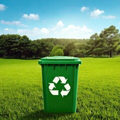 green trash can with a recycling sign on, green field and trees in the background 